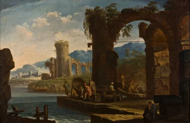 Port méditerranéen avec arche haute, ruinée et envahie par la végétation, tour ronde et aqueduc en arrière-plan